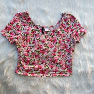 Divided H & M Large Bright Pink Green Floral Crop Top Tee Shirt